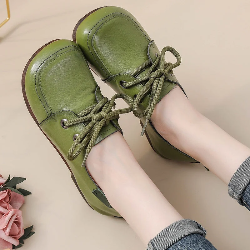 Women's Leather Flats Lace Up Casual Shoes