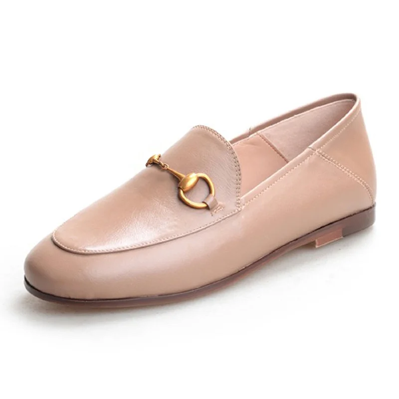 Women Classic Metal Buckle Leather Loafers Flat Shoes