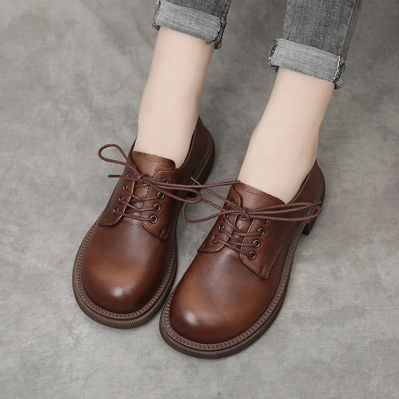 Women Flat Retro Genuine Leather Casual Loafers Lace-up Shoes