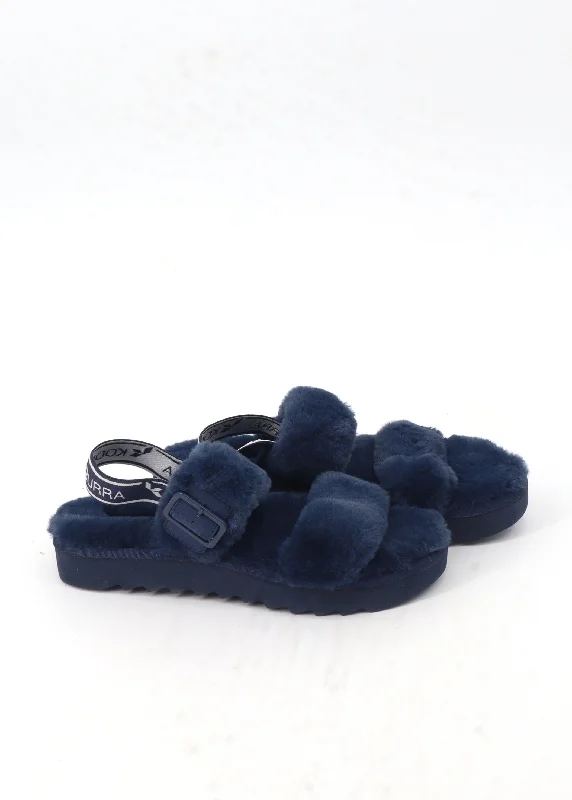 Women's Faux Fur Platform Slippers,Navy