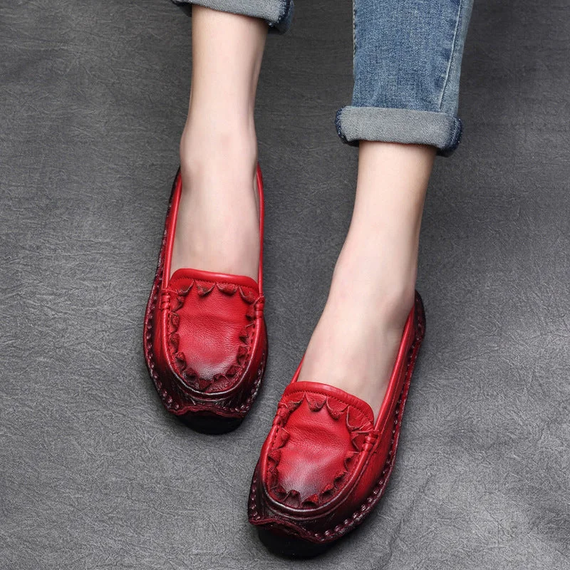 Womens Handmade Retro Leather Loafers Flat Shoes