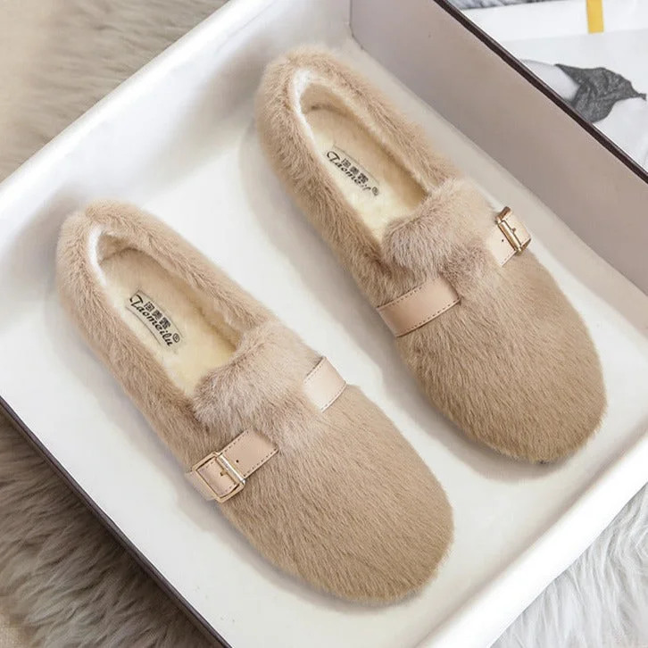 Womens Faux-Fur Loafers Warm Soft Plush Fur Winter Shoes