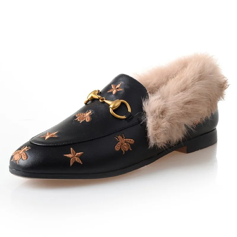 Women Horsebit Bee Star Embroidered Fur Loafers