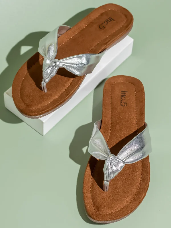 Effortless Sensibility Women Silver Embellished Open Toe Flats