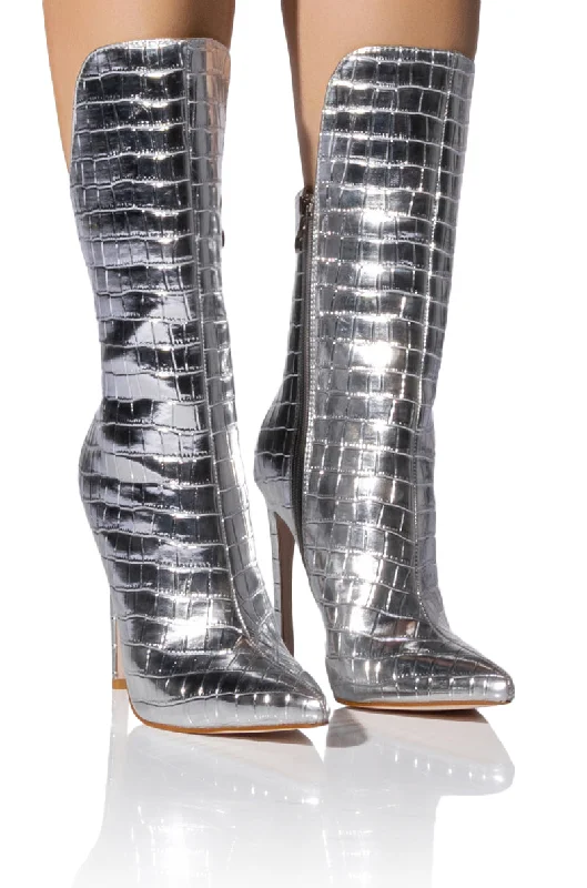 High-End Refinement AZALEA WANG FAYE CROC BOOTIE IN SILVER