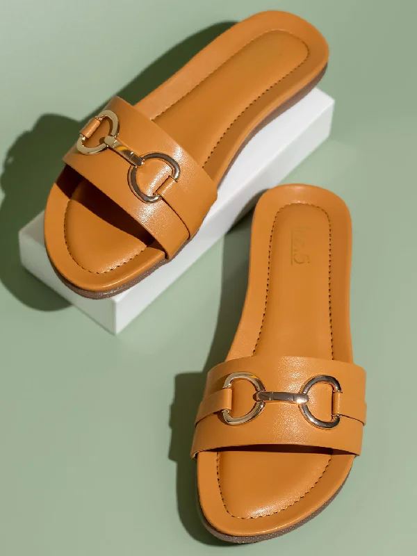 Minimalist Brilliance Women Mustard-Coloured And Gold-Toned Buckled Open Toe Flats
