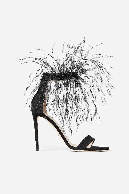 Black Suede Strap Sandals with Feathers