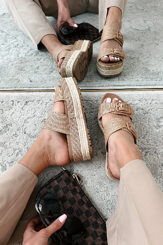 Fresh New Attitude Woven Platform Sandals (Dark Tan Raffia)