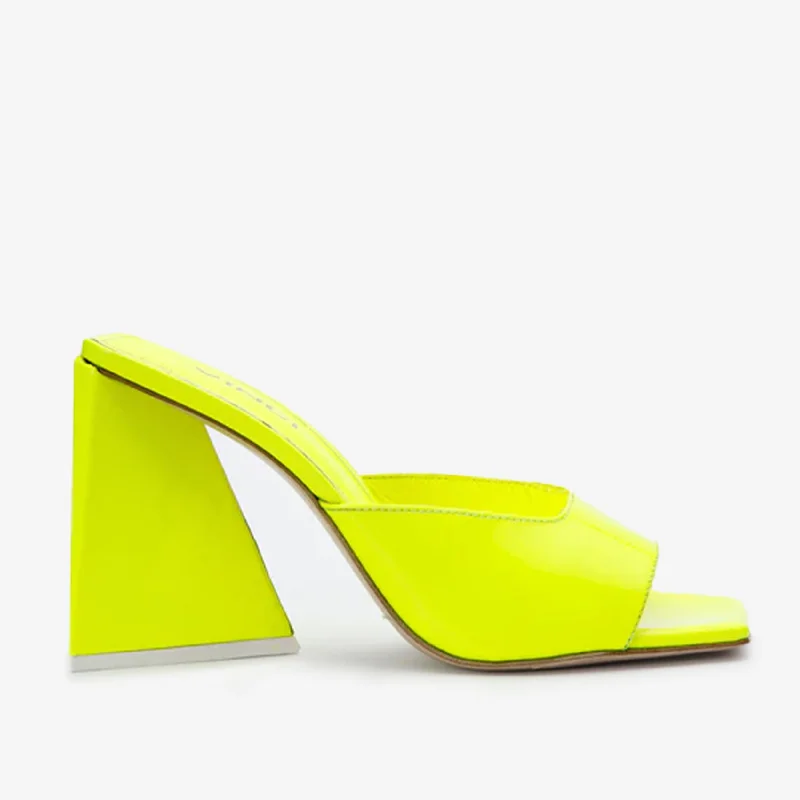 The Butterfly Block Heel Neon Yellow Patent Leather Sandal