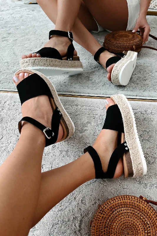 The Hottest Topic Open Toe Espadrille Platform Sandals (Black Nubuck)