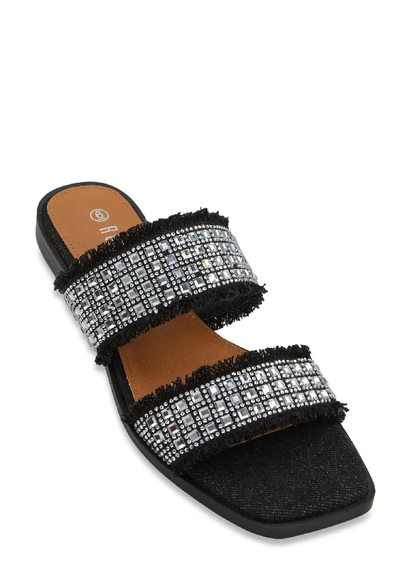 Contemporary Luxe Denim Rhinestone Double Strap Slide Sandals
