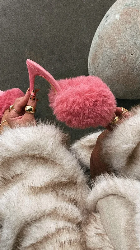 Cherie Faux Fur High Heel Mules - Pink