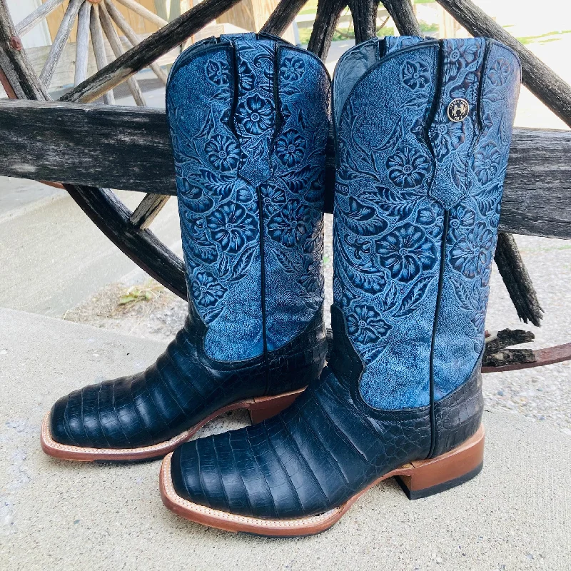 Tanner Mark Women's Black Caiman & Blue Square Toe Boots