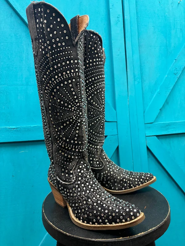 Dingo Women's Black Honkytonk Honey Denim Snip Toe Tall Cowgirl Boots DI162