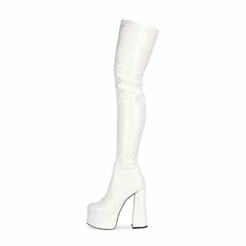 Glossy Patent Leather Over Knee Platform Block Heeled Boots - White