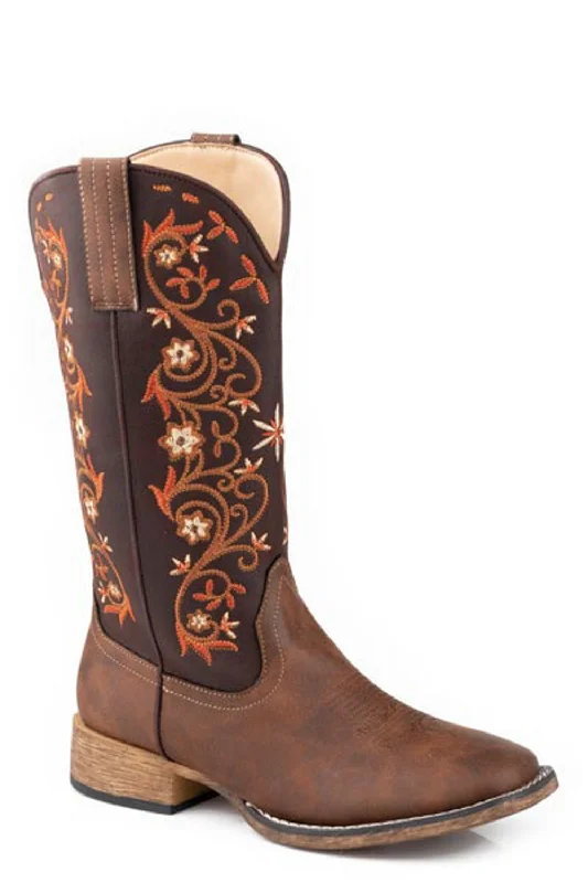 Roper Womens Bailey Vines Vintage Brown Faux Leather Cowboy Boots